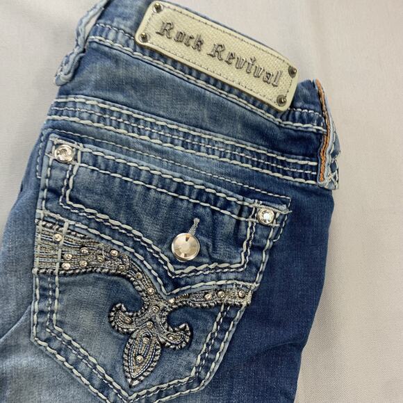 Rock Revival Women Yui Easy Bootcut Embellished Gem Pockets Blue Jeans Sz 30 - Picture 3 of 11